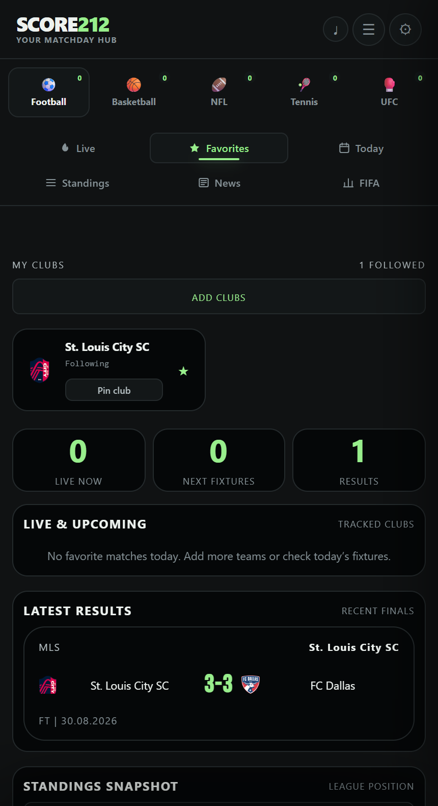 Score212 favourites view showing followed clubs and fixtures